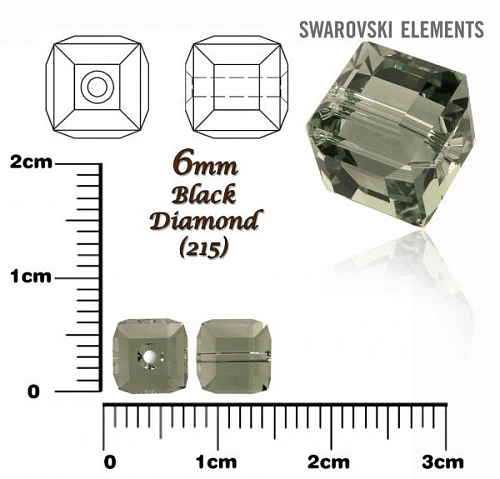 SWAROVSKI CUBE Beads 5601 barva BLACK DIAMOND velikost 6mm.