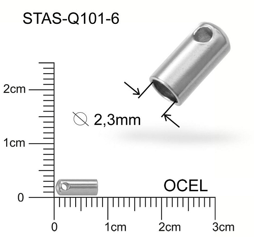 Koncovka CHIRURGICKÁ OCEL ozn.-STAS-Q101-6. velikost 7,7 x 3,0mm.  Otvor pr.2,3mm