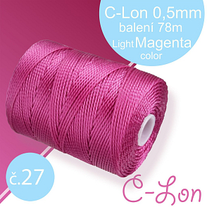 Nylonová nit C-Lon pevná korálková nit. Barva 27 Light Maganta. Síla nitě 0,5mm. Balení 78m na cívce.