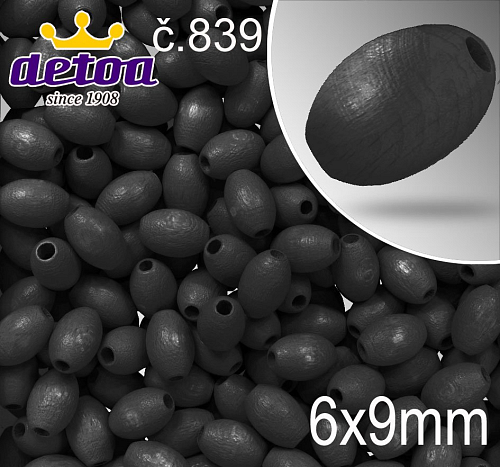 Korálky dřevěné velikost 1177 pr.6x9mm.Barva 848 černá. Balení 30 kusů v sáčku.