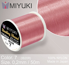 Nylonová nit značky MIYUKI. Barva č. 7 Pink. Materiál 330DTEX (0,2mm). Balení 50m. 