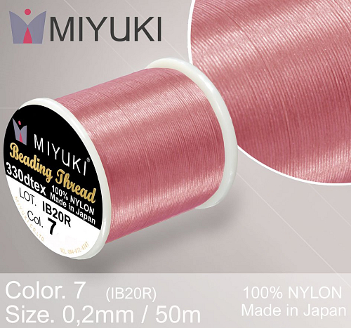 Nylonová nit značky MIYUKI. Barva č. 7 Pink. Materiál 330DTEX (0,2mm). Balení 50m.
