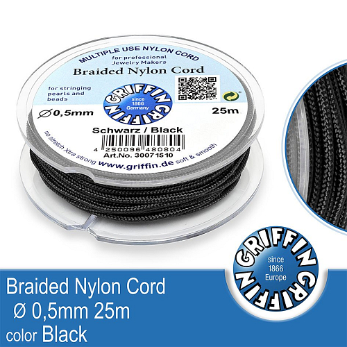 Braided NYLON (splétaná nit na náramky) GRIFFIN síla nitě 0,5mm cívka 25m. Barva Black..