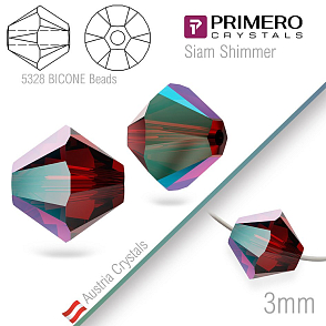 Korálky PRIMERO Crystals . Tvar 5328 Bicone BEADS. Barva Siam Shimmer.  Velikost 3mm balení-25Ks.