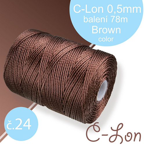 Nylonová nit C-Lon pevná korálková nit. Barva 24 Brown. Síla nitě 0,5mm. Balení 78m na cívce.
