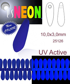 Korálky JAZÝČKY NEON (UV Active) velikost 10x3mm barva 25126 MODRÁ TMAVÁ. Balení 25Ks. 