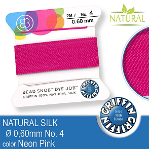 Hedvábná nit s jehlou GRIFFIN síla nitě 0,6mm No.4 délka 2m. Barva Neon Pink.