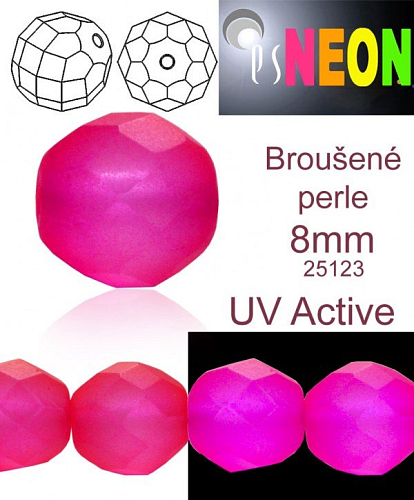 Korálky NEON (UV Active) BROUŠENÉ velikost pr.8mm barva 25123 RŮŽOVÁ mírně průhledná. Balení 15Ks