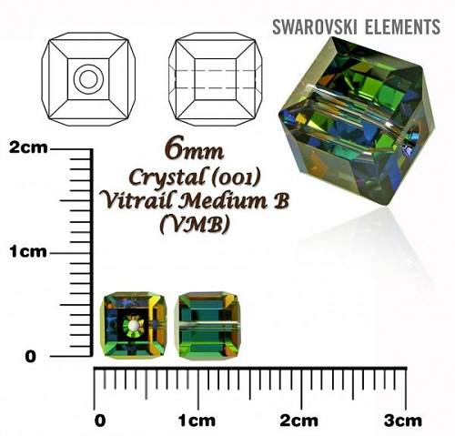 SWAROVSKI CUBE Beads 5601 barva CRYSTAL VITRAIL MEDIUM B velikost 6mm.