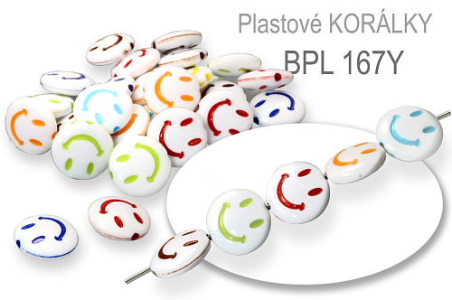 Korálky plastové ploché smajlík PBL 167Y v různých barvách o průměru 13x5mm. Balení 25g (cca.45Ks).