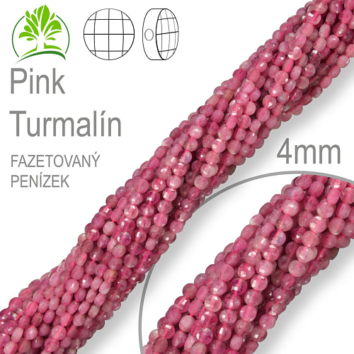 Korálky z minerálů Pink Turmalín přírodní polodrahokam. Velikost pr.4mm tl. 2,5mm tvar penízek z čelních stran fazetovaný. Balení 108Ks