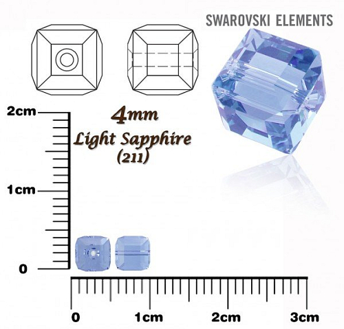 SWAROVSKI CUBE Beads 5601 barva LIGHT SAPPHIRE velikost 4mm.