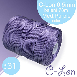 Nylonová nit C-Lon pevná korálková nit. Barva 31 Medium Purple. Síla nitě 0,5mm. Balení 78m na cívce.