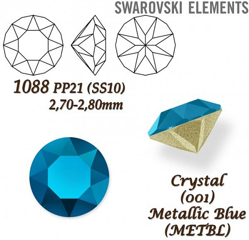 SWAROVSKI ELEMENTS 1088 XIRIUS Chaton PP21 (SS10)  2,70-2,80mm barva CRYSTAL (001) METALLIC BLUE (METBL). 