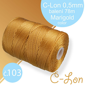Nylonová nit C-Lon pevná korálková nit. Barva 103 Marigold. Síla nitě 0,5mm. Balení 78m na cívce.
