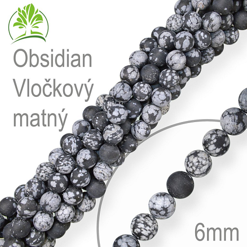 Korálky z minerálů  Obsidian Vločkový matný. Velikost pr.6mm. Balení 12Ks.