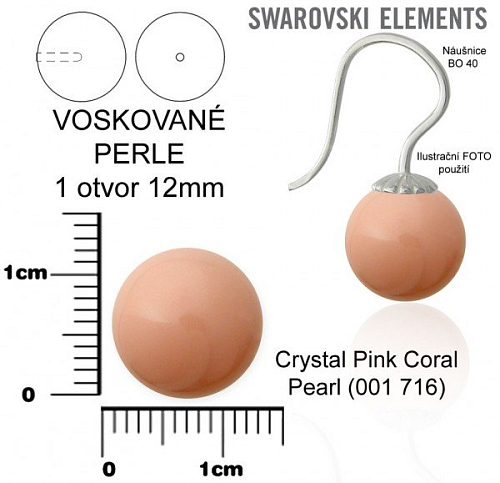 SWAROVSKI 5818 Voskované Perle 1otvor barva 716 CRYSTAL PINK CORAL PEARL velikost 12mm.