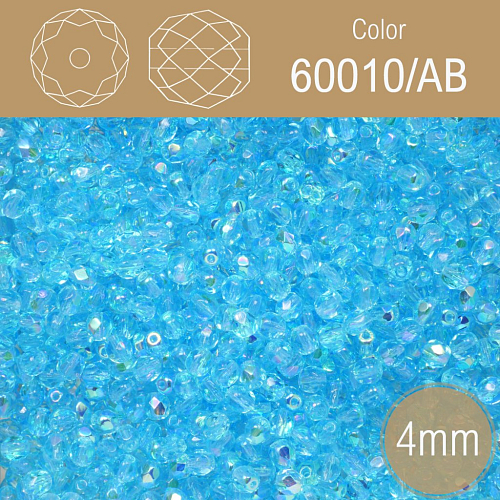 Korálky BROUŠENÉ 4mm. Barva 60010/AB. Průhledná modrá s pokovem AB. Balení 120Ks.