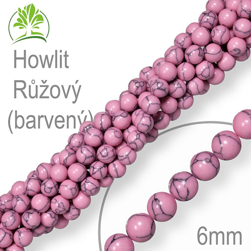 Korálky z minerálů Howlit Růžový (barvený) přírodní polodrahokam. Velikost pr.6mm. Balení 12Ks.