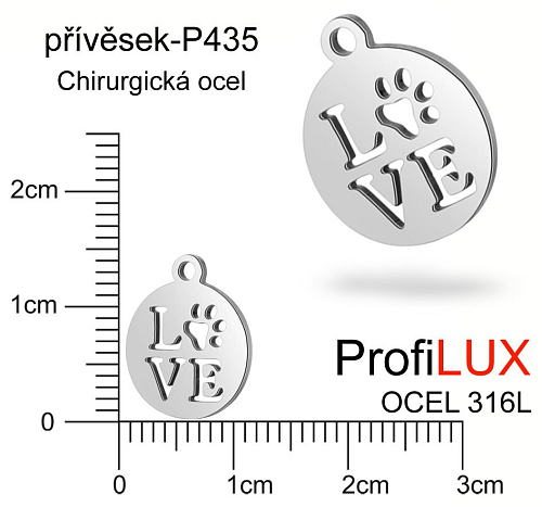 Přívěsek Chirurgická Ocel ozn-P435 Medailon LOVE  velikost 12x14mm tl.1.0mm. Velikost otvoru pr. 1,5mm. Řada přívěsků ProfiLUX. 