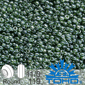 Korálky TOHO tvar ROUND (kulaté). Velikost 11/0. Barva č. 119 Transparent-Lustered Olivine. Balení 8g.
