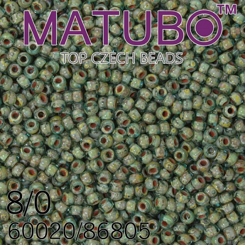 Korálky MATUBO™ mačkané rokajlové korálky. Velikost 8/0 (3,1mm). Barva 60020/86805 AQUAMARÍN dekor TRAVERTIN SILNÝ. Balení 10g
