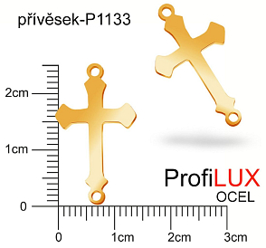 Přívěsek Chirurgická Ocel ozn-P1133 KŘÍŽEK 2x otvor velikost 14x25mm tl.1.0mm. Velikost otvoru pr. 1,5mm. Barva POZLACENO. Řada přívěsků ProfiLUX.