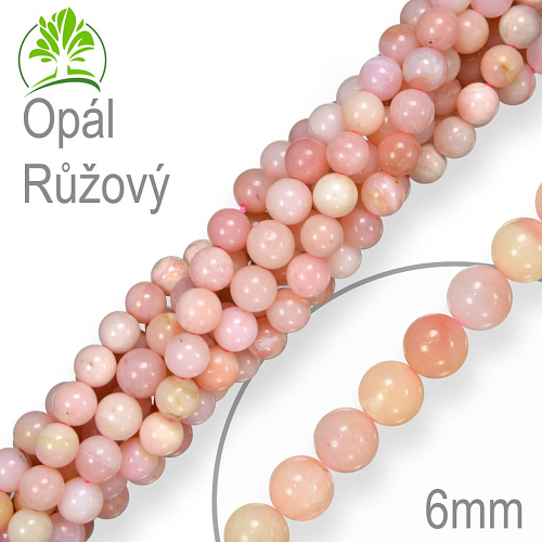 Korálky z minerálů Opál Růžový AAA přírodní polodrahokam. Velikost pr.6mm. Balení 12Ks.