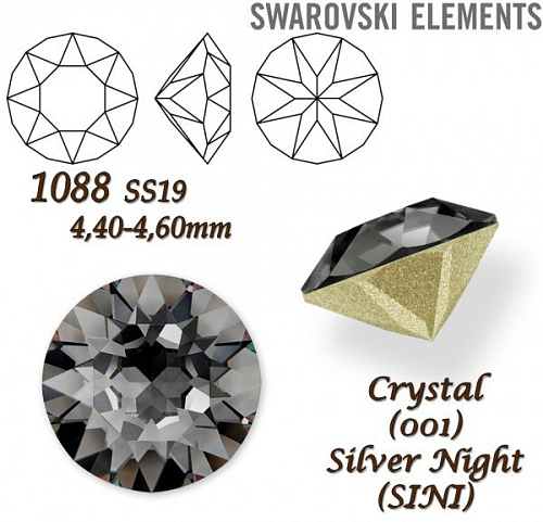 SWAROVSKI ELEMENTS 1088 XIRIUS Chaton SS19 (4,40-4,60mm) barva CRYSTAL (001) SILVER NIGHT (SINI).