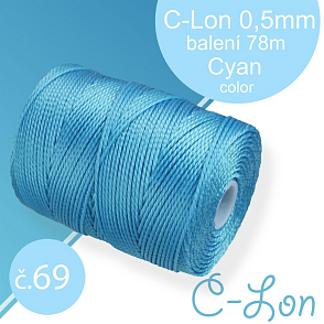 Nylonová nit C-Lon pevná korálková nit. Barva 69 Cyan. Síla nitě 0,5mm. Balení 78m na cívce.
