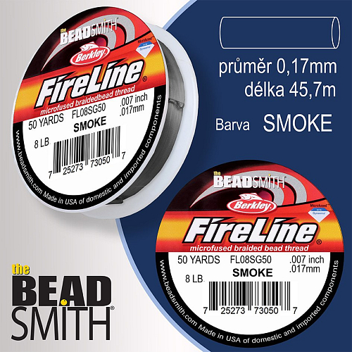 FIRELINE Berkley profesionální splétaná šnůra z polyethylenových vláken. Průměr 0,17mm, zátěž (8lb) 3,6Kg, balení (50yards) 45,7m, barva SMOKE