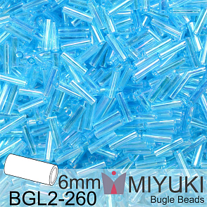 Korálky Miyuki Bugle Bead 6mm. Barva BGL2-260 Transparent Aqua AB. Balení 10g.