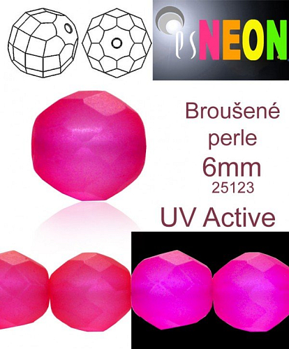 Korálky NEON (UV Active) BROUŠENÉ velikost pr.6mm barva 25123 RŮŽOVÁ mírně průhledná. Balení 21Ks