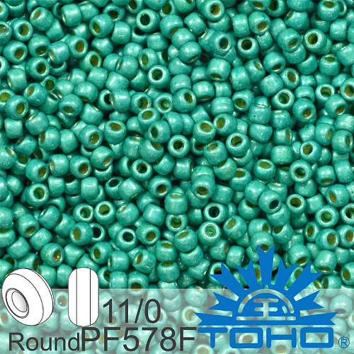 Korálky TOHO tvar ROUND (kulaté). Velikost 11/0. Barva PF578F PermaFinish - Frosted Galvanized Turquoise. Balení 8g.
