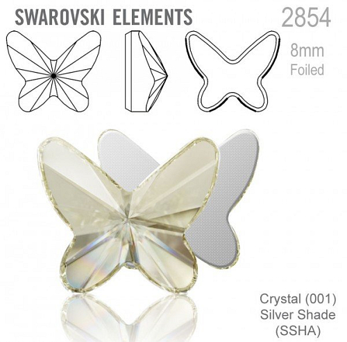 SWAROVSKI 2854 Butterfly Flat Back Foiled velikost 8mm. Barva Crystal Silver Shade 