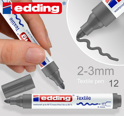 Permanentní textilní popisovač EDDING. Šířka 2-3mm odstín č.12 Šedá