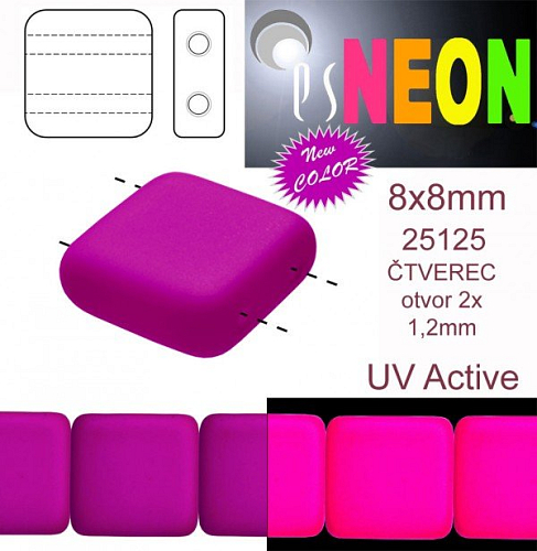 Korálky čtverec 2 otvory NEON (UV Active) velikost 8x8mm barva 25125 fialová. Balení 15Ks
