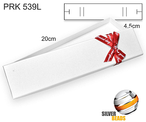 Krabička na šperky. Materiál papír+mašle . Ozn. PRK 539L. Velikost 20x4,5cm. Barva Bílá s červenou stuhou