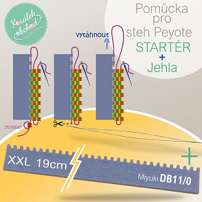 Pomůcka pro steh Peyote (STARTÉR) XXL 19cm. Pro snadný začátek šití stehem Peyote a korálky Miyuki DB 11/0 sada Startér XXL + Jehla