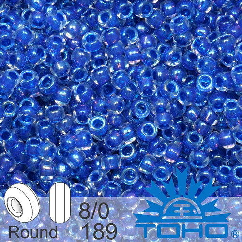 Korálky TOHO tvar ROUND (kulaté). Velikost 8/0. Barva č. 189- Inside-Color Luster Crystal/Caribean Blue Lined. Balení 10g.