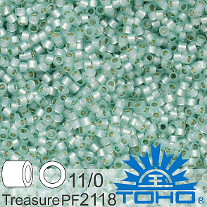 Korálky TOHO tvar TREASURE (válcové). Velikost 11/0. Barva č.PF2118 PermaFinish - Translucent Silver-Lined Lt Peridot. Balení 5g.