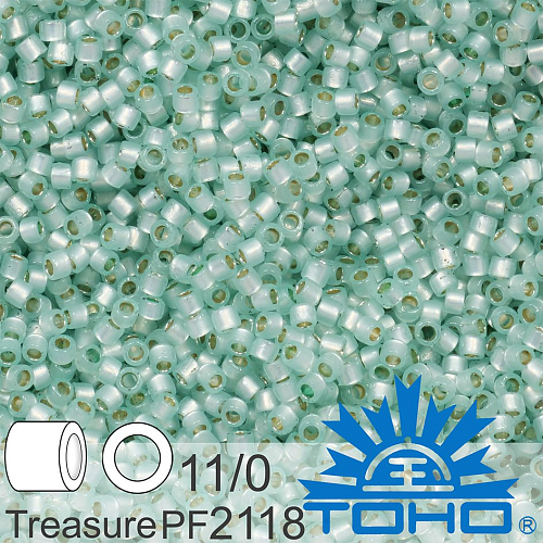 Korálky TOHO tvar TREASURE (válcové). Velikost 11/0. Barva č.PF2118 PermaFinish - Translucent Silver-Lined Lt Peridot. Balení 5g.