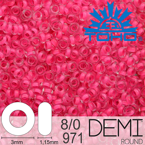 Korálky TOHO Demi Round 8/0. Barva 971 Inside-Color Matte Crystal/Neon Pink-Lined. Balení 5g
