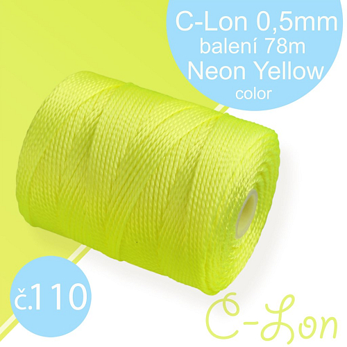 Nylonová nit C-Lon pevná korálková nit. Barva 110 Neon Yellow. Síla nitě 0,5mm. Balení 78m na cívce.