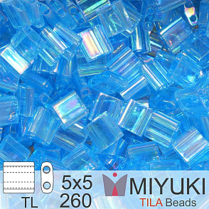 Korálky MIYUKI tvar TILA BEADS velikost 5x5mm. Barva TL-260 Transparent Aqua AB. Balení 5g.