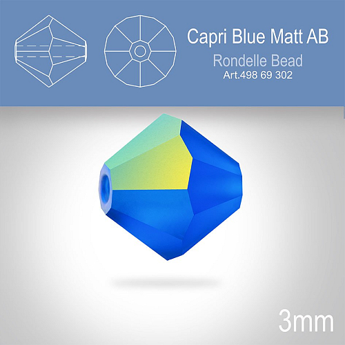 PRECIOSA Bicone (sluníčko) velikost 3mm. Barva CAPRI BLUE Aurore Boreale MATT. Balení 40ks
