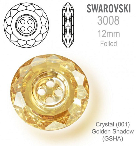 Swarovski 3008 Classic CB (4 Holes) velikost 12mm. Barva Crystal (001) Golden Shadow (GSHA).