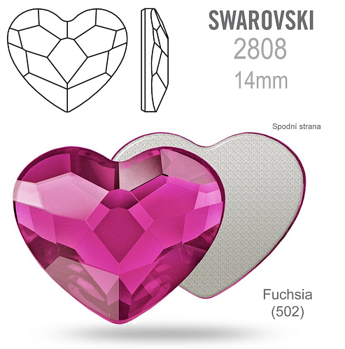 SWAROVSKI 2808 Heart Flat Back Foiled velikost 14mm. Barva Fuchsia 