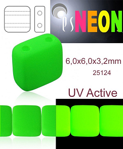 Korálky čtverec 2 otvory NEON (UV Active) velikost 6,0x6,0mm barva 25124 zelená. Balení 20Ks. 