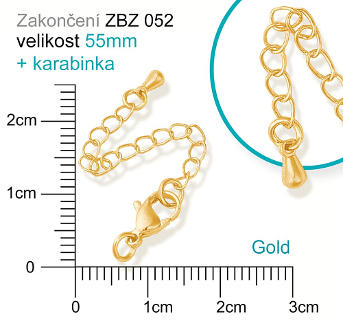 Zakončovací řetízek s KARABINKOU ozn. ZBZ 052. Barva (pokov) GOLD.